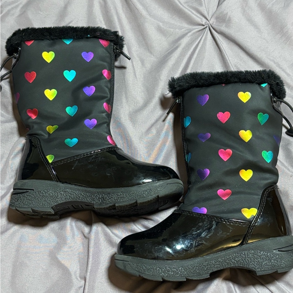 Khombu Black Kids Rain & Snow Boots with Multicolor Heart Print